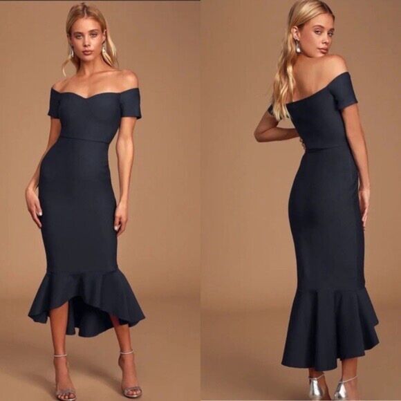 LULUS How Much I Care Midnight Blue Off-the-Shoulder Ruffle Midi Dress Medium - Picture 2 of 8